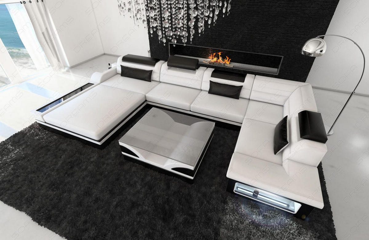 SOFA Mezzo U Weiß Schwarz Büffelleder - Weiß, Leder (372/78/214cm)