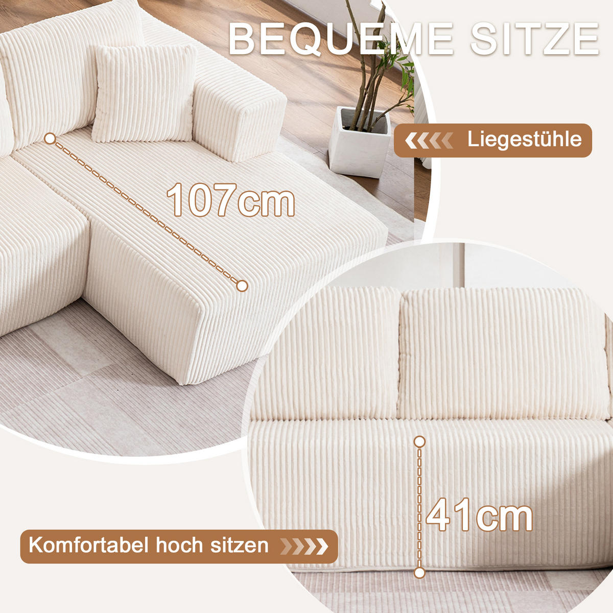 WOHNLANDSCHAFT Cord Weiß mit Schlaffunktion und Kissen - Weiß, Textil (332/88/156cm) - WISHDOR