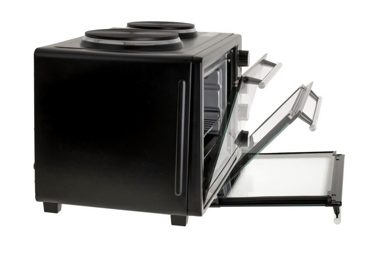 MINIBACKOFEN, Umluft, 36L, 2 Kochplatten, Elektrobackofen, Küche, Haushalt, Pizzaofen, Brot backen, Aufbacken, Kochen, Snacks, kompakt, Timer, Grill - Schwarz, Metall (65/39.5/43cm) - Adler