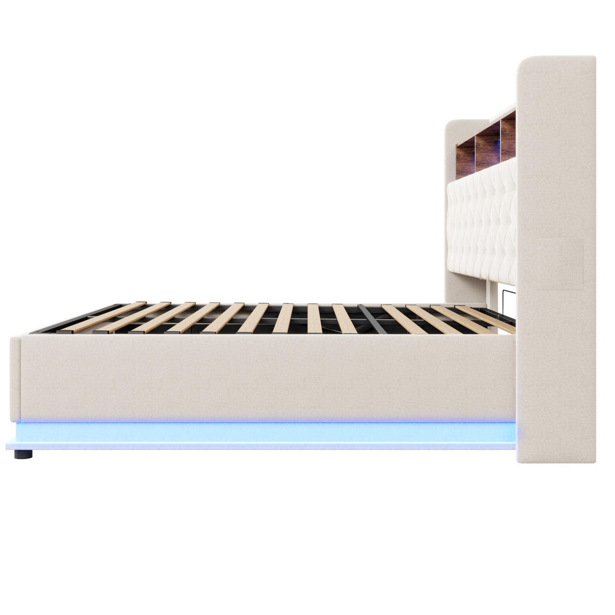 STAURRAUMBETT 180/200 cm DE-01961, in Beige, mit LED, USB und hydraulischem Stauraum - Beige, Metall (180/200cm) - ComfortXL