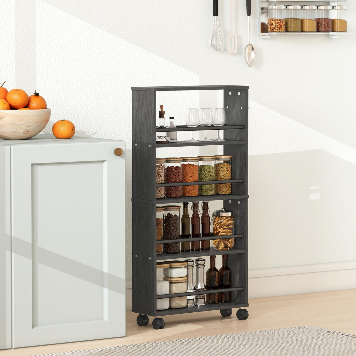 ROLLWAGEN, Schmaler Servierwagen mit 4 Etagen, Griffe, für Küche, Schwarz - Silberfarben/Schwarz, Holzwerkstoff/Metall (15/91/45cm) - HOMCOM