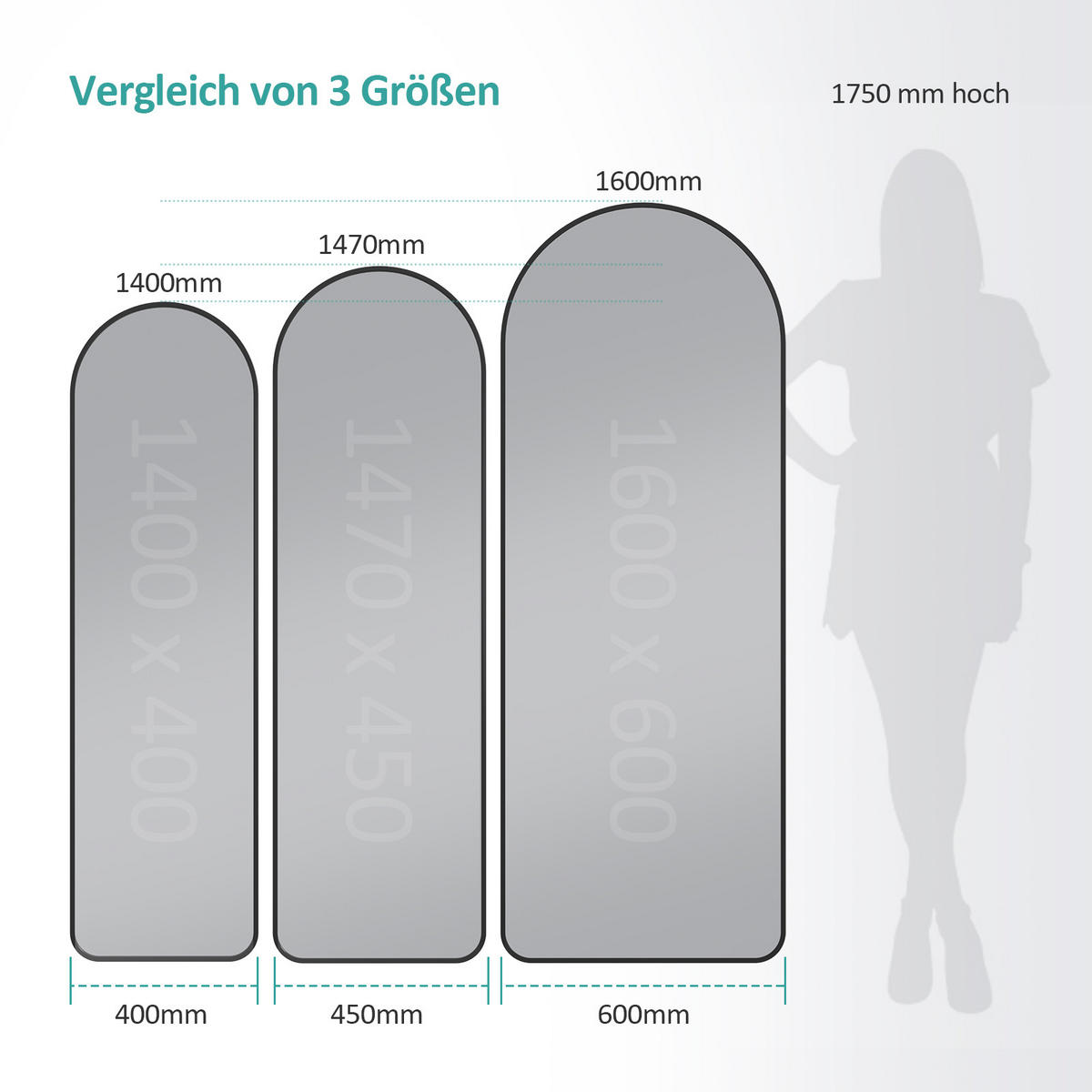 STANDSPIEGEL mit Rahmen Gehärteter Silberspiegel Schwarz 147/45 cm - Schwarz, Glas/Metall (45/147/147cm) - EMKE