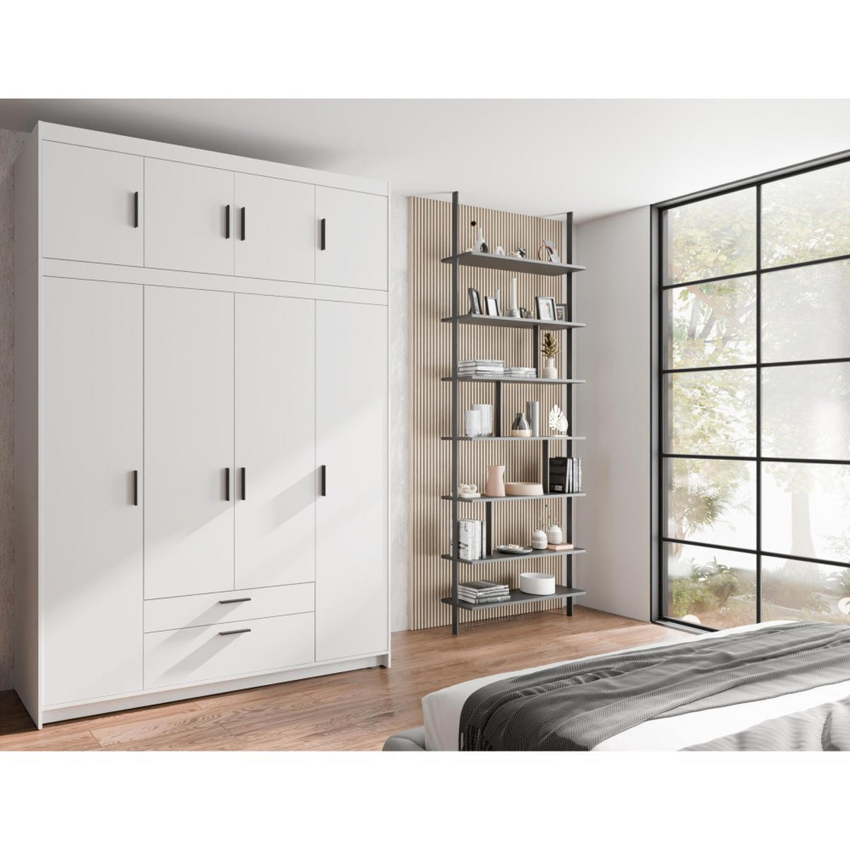 DREHTÜRENSCHRANK Elena mit 4 Türen und 2 Schubladen, mit Aufsatz Weiß - Weiß, Holzwerkstoff (176/245/53cm) - Beautysofa