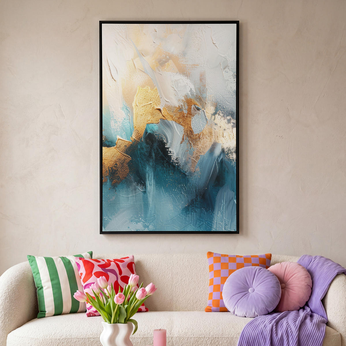 LEINWAND Bilder mit Rahmen - Abstrakt - Kunst - Gold - Blau - 80x120 - Petrol, Textil (80/120cm) - MuchoWow