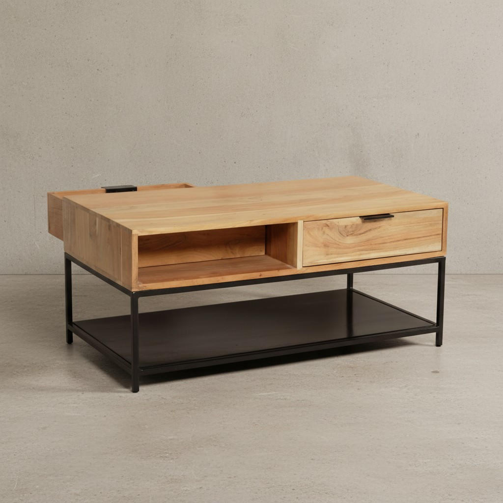COUCHTISCH Akazie Massivholz Metall 90x50x40cm mit Schubladen Moderner Stauraum - Schwarz/Akaziefarben, Holz/Metall (50/90/40cm) - KADIMA DESIGN