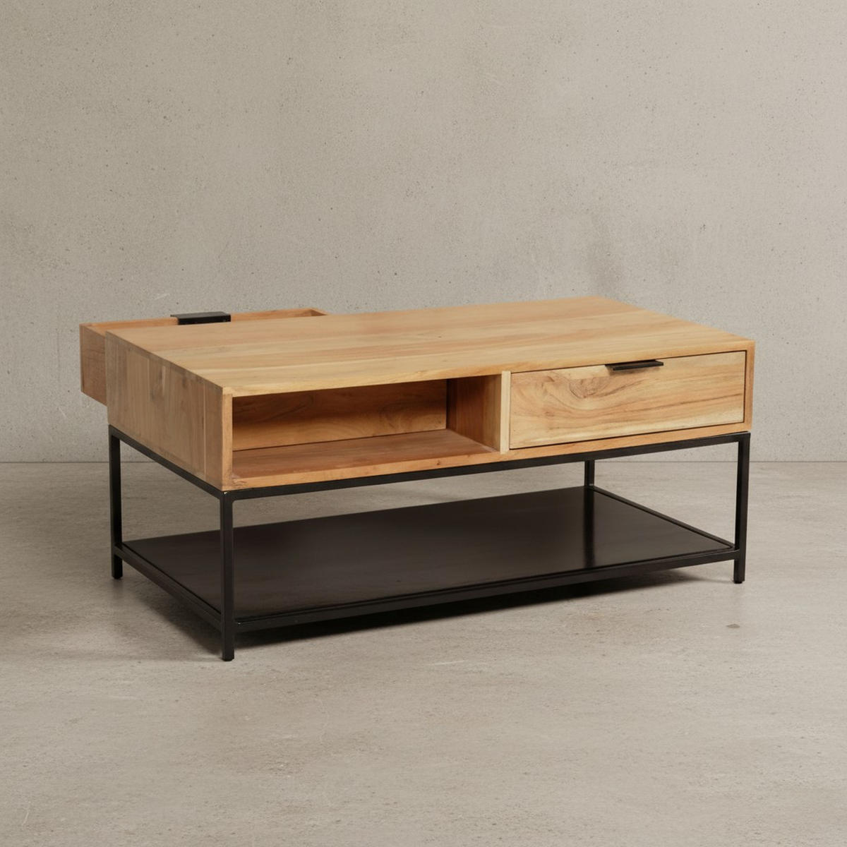 COUCHTISCH Akazie Massivholz Metall 90x50x40cm mit Schubladen Moderner Stauraum - Schwarz/Akaziefarben, Holz/Metall (50/90/40cm) - KADIMA DESIGN