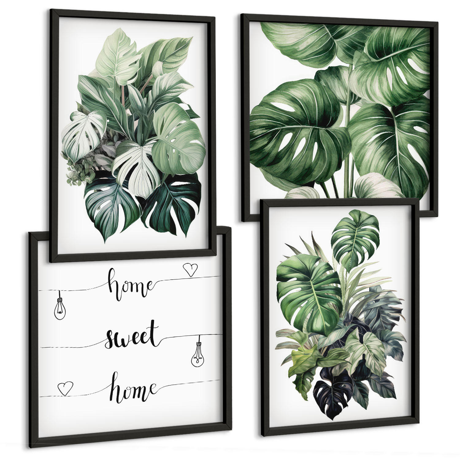 BILDER SET 4er Set - 50x50 cm & 40x60 cm Schwarzer Rahmen - Aquarell von grünen tropischen Blättern - Schwarz, Kunststoff (50/50cm) - TULUP