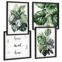 BILDER SET 4er Set - 50x50 cm & 40x60 cm Schwarzer Rahmen - Aquarell von grünen tropischen Blättern - Schwarz, Kunststoff (50/50cm) - TULUP