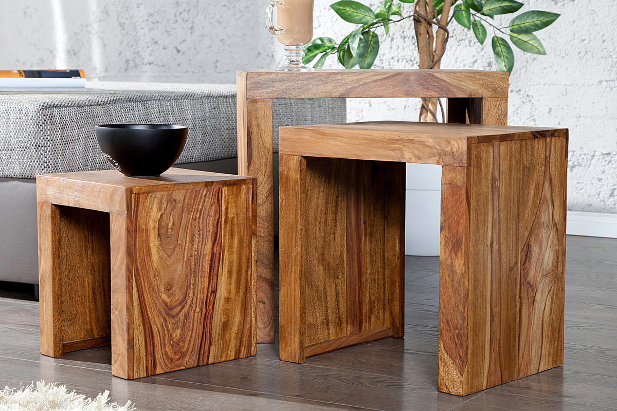 BEISTELLTISCH MAKASSAR Sheesham Natur 45 cm 3er Set - Braun, Holz (30/45/45cm) - riess-ambiente