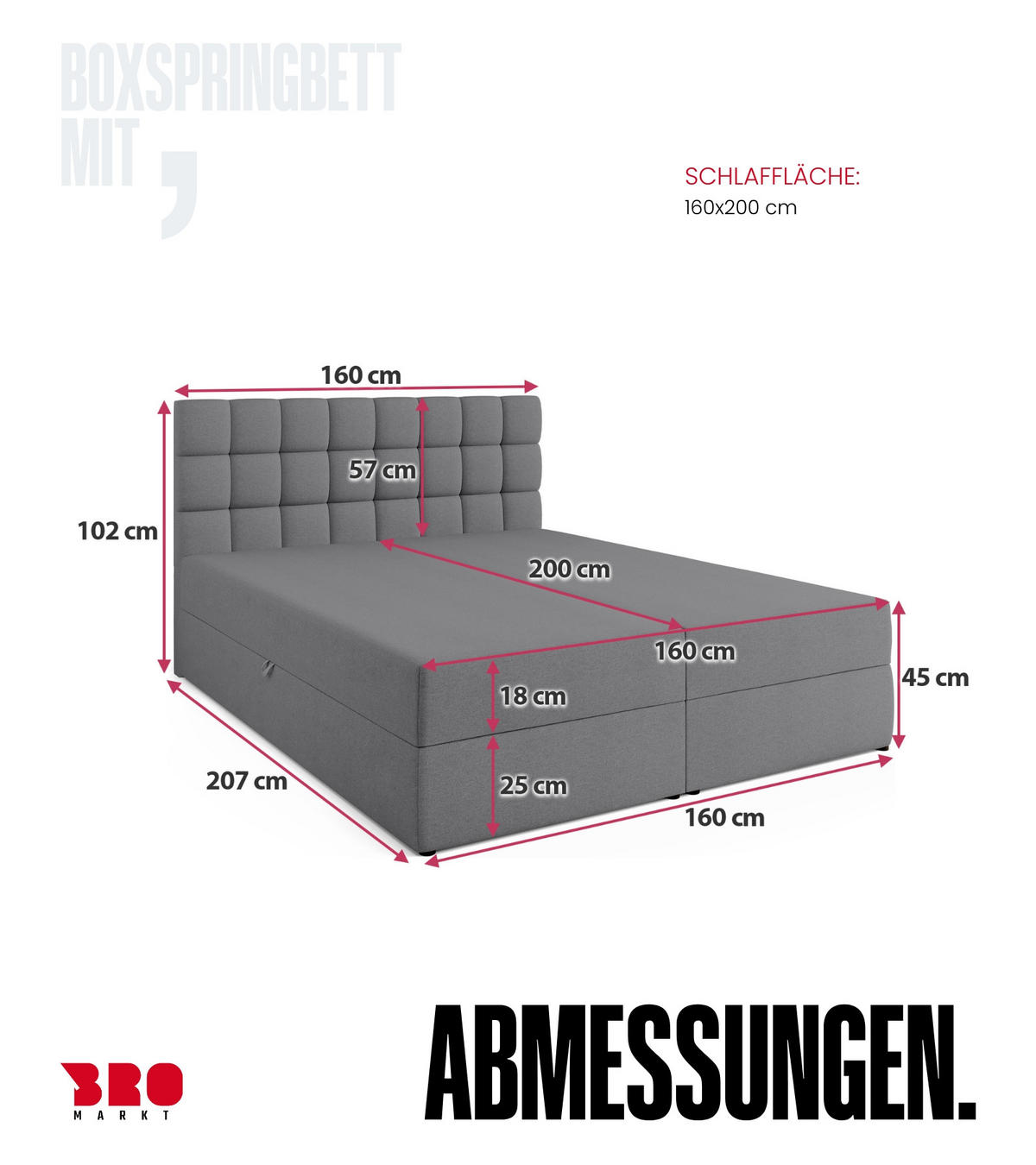 BOXBETT Dakota mit Topper 160/200 Hellgrau - Hellgrau, Textil (160/200cm) - Bromarkt
