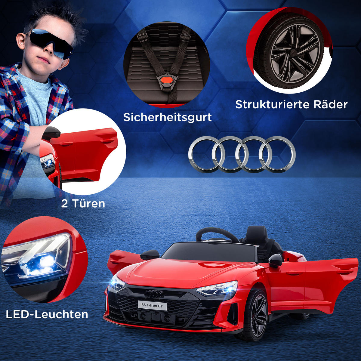 KINDER ELEKTROAUTO, Schwarz/Rot/Weiß, Kunststoff+ Eisen - Rot, Metall (103/58/41cm) - HOMCOM