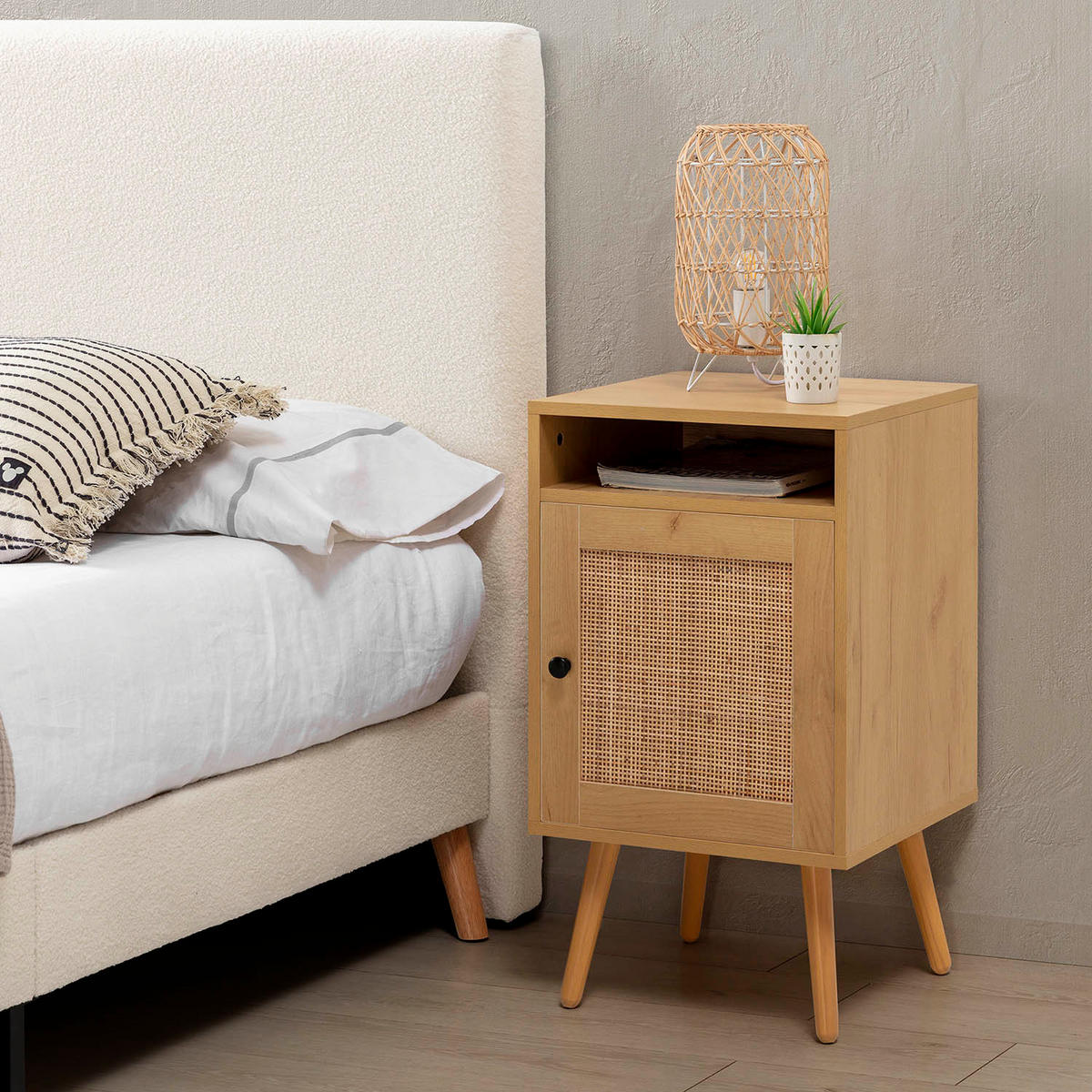 NACHTTISCH Bella 1 Tür in Eichenfarbe, natürliches Rattan - Eichefarben, Holz/Holzwerkstoff (40/70/39cm) - VS Venta-stock