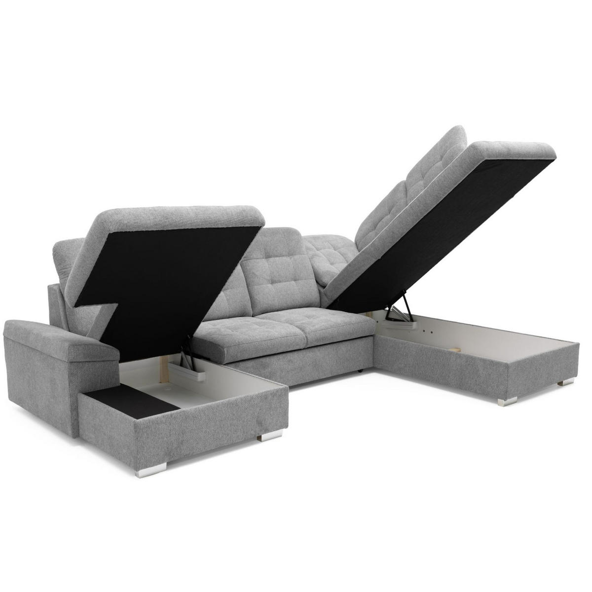 ECKSOFA U-Form OLIVIA U Rechts mit Schlaffunktion 124x257 Velours Hellgrau - Silberfarben/Hellgrau, Holz/Kunststoff (202/103/320cm) - Muffo