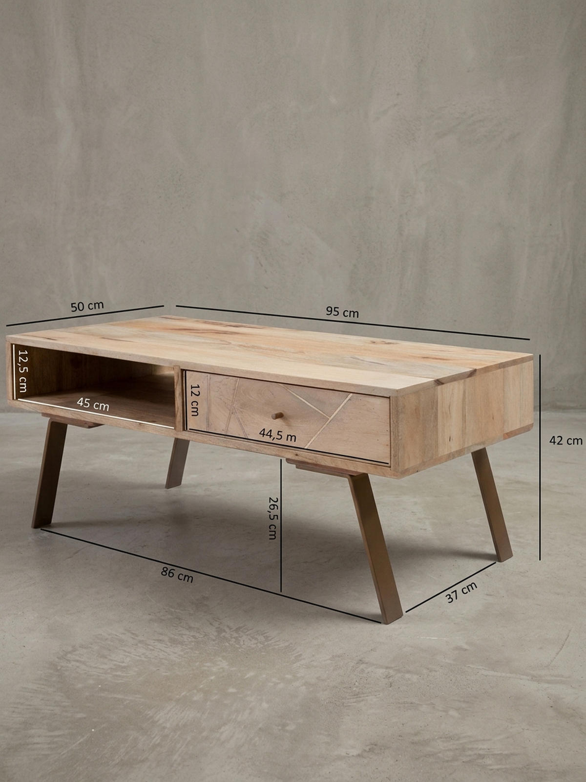 COUCHTISCH in Rustikalem Landhausstil, Massives Mangoholz und Metall, Maße 95x42x50 cm - Beige/Braun, Holz/Metall (50/95/42cm) - KADIMA DESIGN