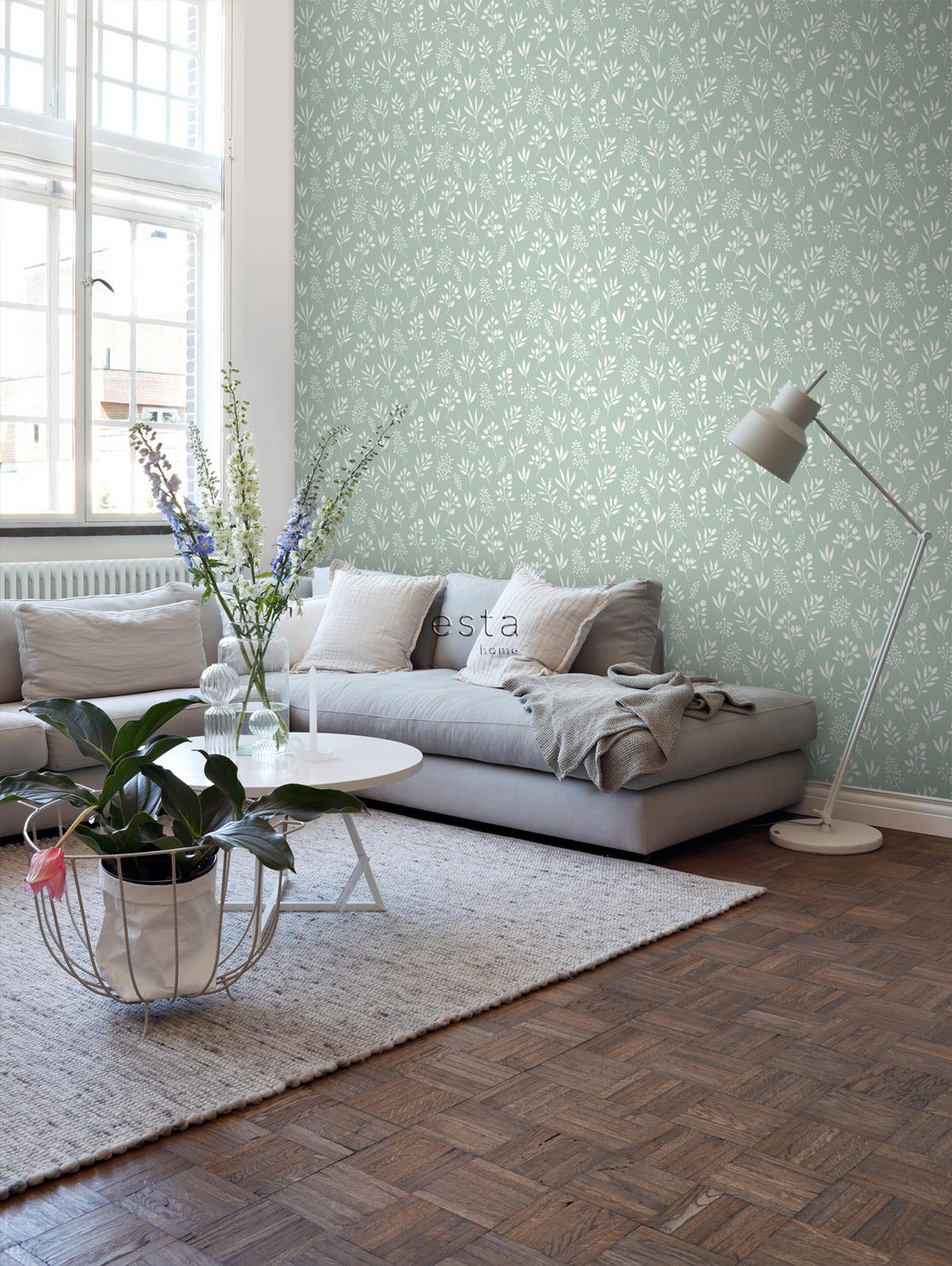 TAPETE Blumenmuster im skandinavischen Stil 53 cm x 10.05 m - Grün, Papier (53/1000cm) - ESTAhome