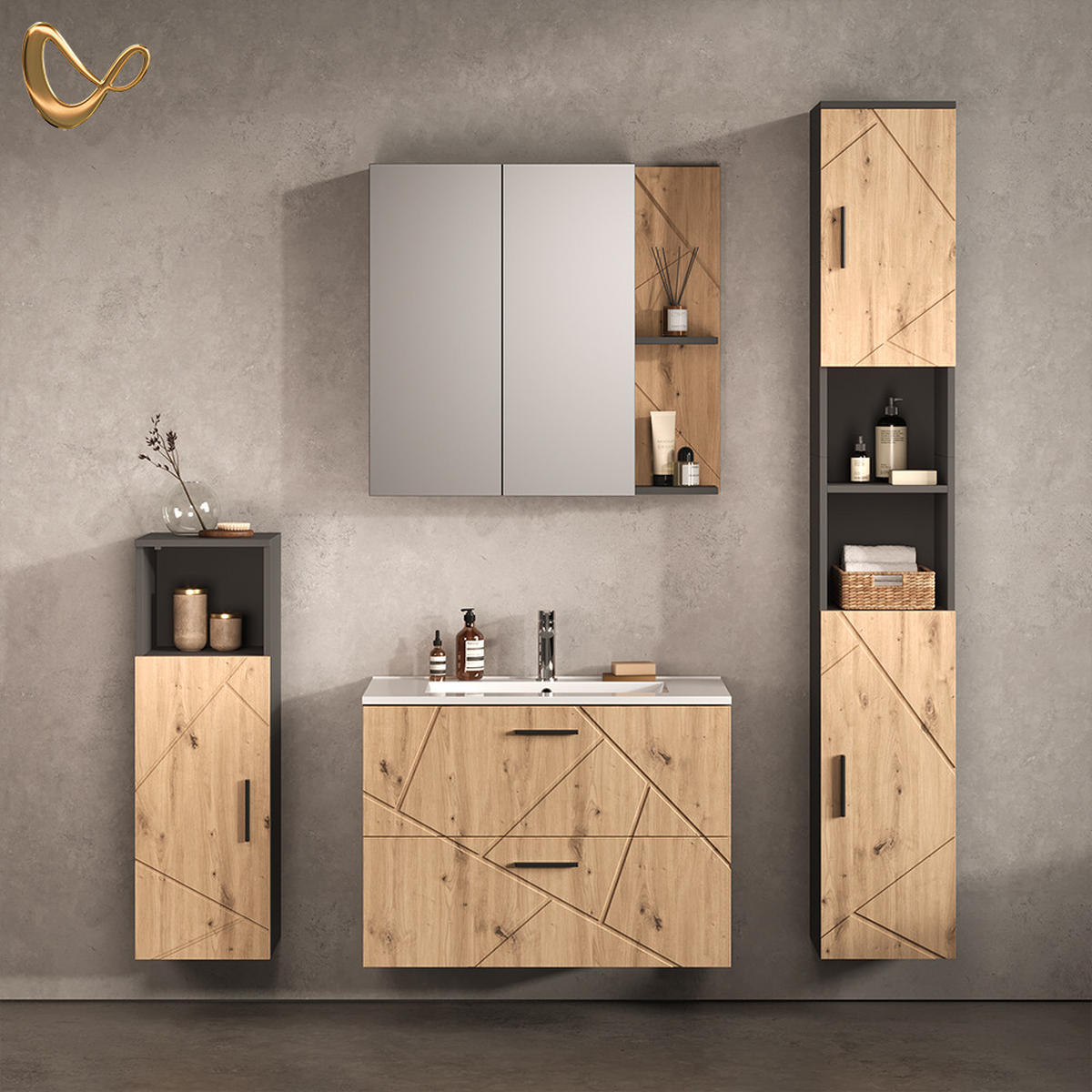 KOMPLET KOPALNIŠKEGA POHIŠTVA Ronco, Antracit/Obrtniški hrast, 5-delni - antracit/hrast artisan, leseni material (80/57/44.6cm) - Livinity®