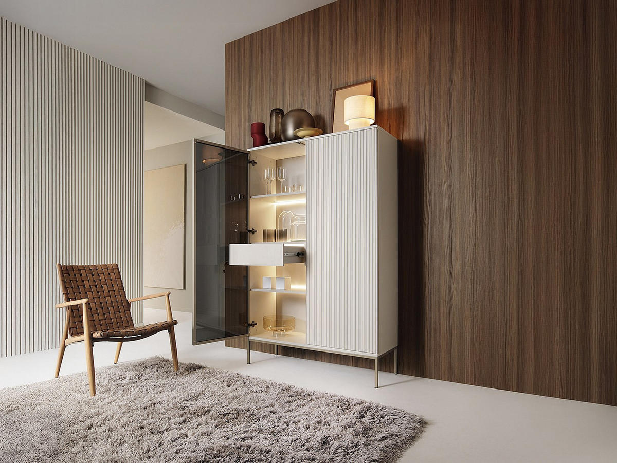 VITRINENSCHRANK - 2 Türen & 1 Schublade - mit LED-Beleuchtung - MDF & Rauchglas - Beige & Schwarz - OVILA - Beige, Glas (103.5/165.5/39cm) - Vente-Unique