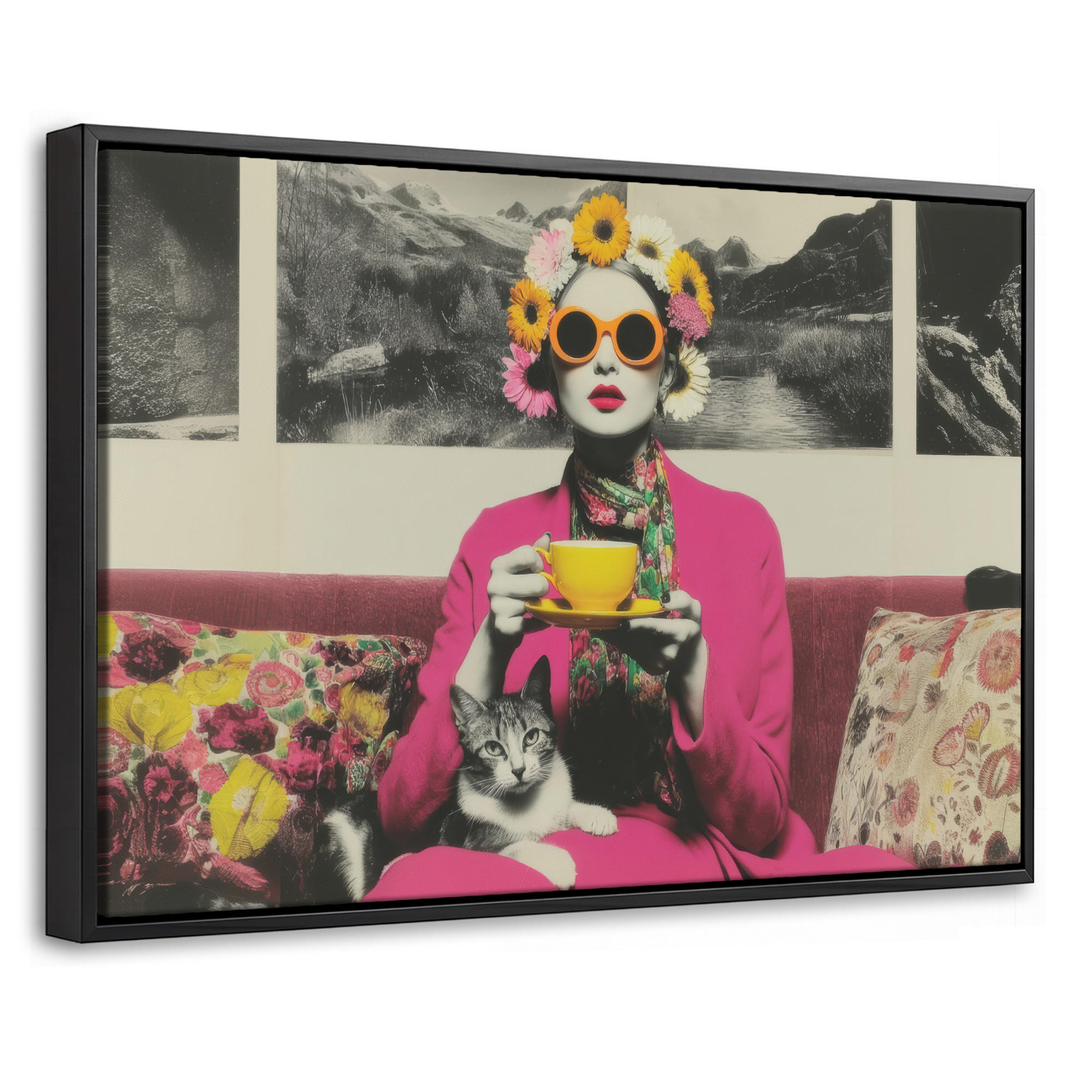 LEINWAND Bilder mit Rahmen - Frau - Katze - Blumen - Tasse - Retro - 60x40 - Magenta, Textil (60/40cm) - MuchoWow