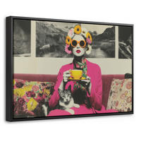 LEINWAND Bilder mit Rahmen - Frau - Katze - Blumen - Tasse - Retro - 60x40 - Magenta, Textil (60/40cm) - MuchoWow