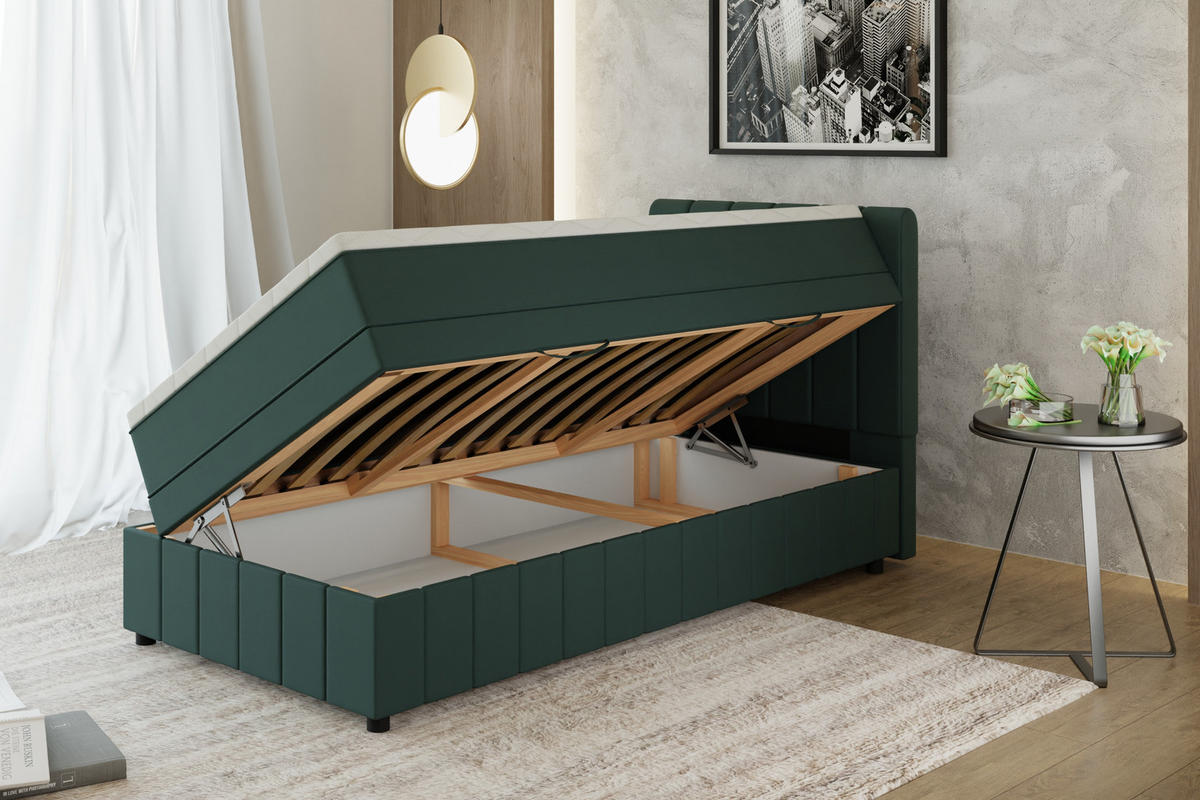 BOXBETT AVALON 100 x 200 cm mit Bettkasten und Topper - Dunkelgrün - Dunkelgrün, Holz - Panda Möbel