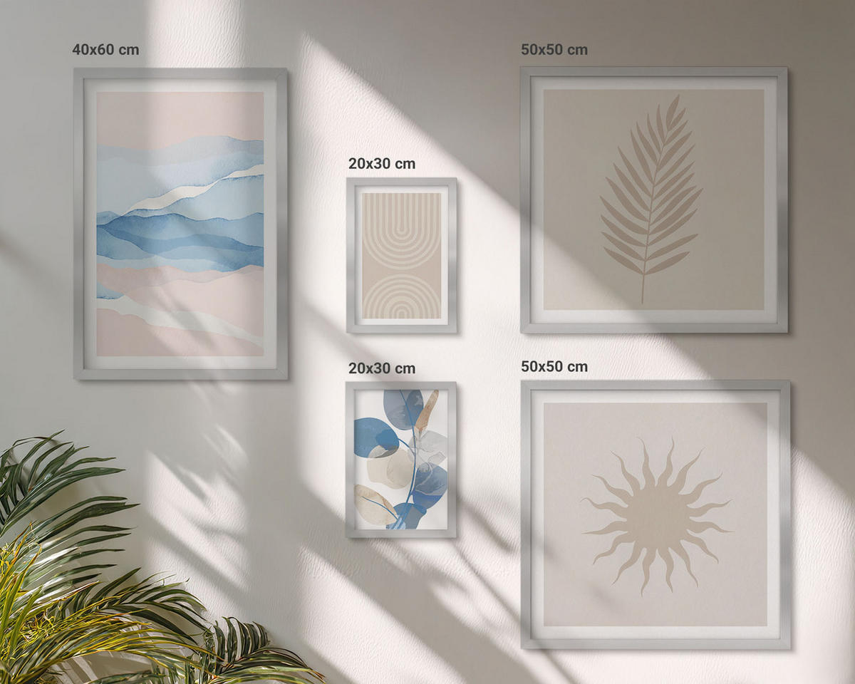 WANDBILDER 5er Set - 50x50 cm & 20x30 cm & 40x60 cm Silberner Rahmen - Abstrakte Linien der Sonnenwellen - Silberfarben, Kunststoff (40/60cm) - ArtPrintCave