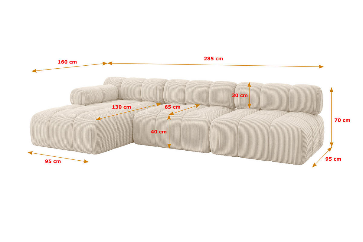 ECKSOFA modulares Sofa Razon-L2 - 285x160x70 cm Beige Cord - Beige, Holzwerkstoff/Textil (285/160cm) - ALTDECOR