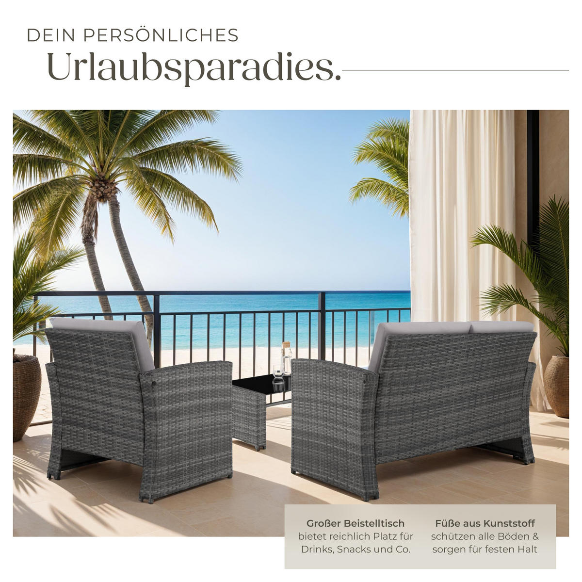 RATTANLOUNGE Jesolo,mit Sicherheitsglasplatte,grau/hellgrau - Grau, Kunststoff - tectake