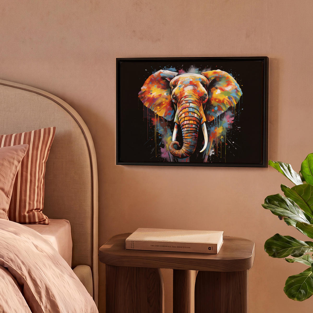 LEINWAND Bilder mit Rahmen - Elefant - Graffiti - Schwarz - Tiere - Farben - 40x30 - Schwarz, Textil (40/30cm) - MuchoWow