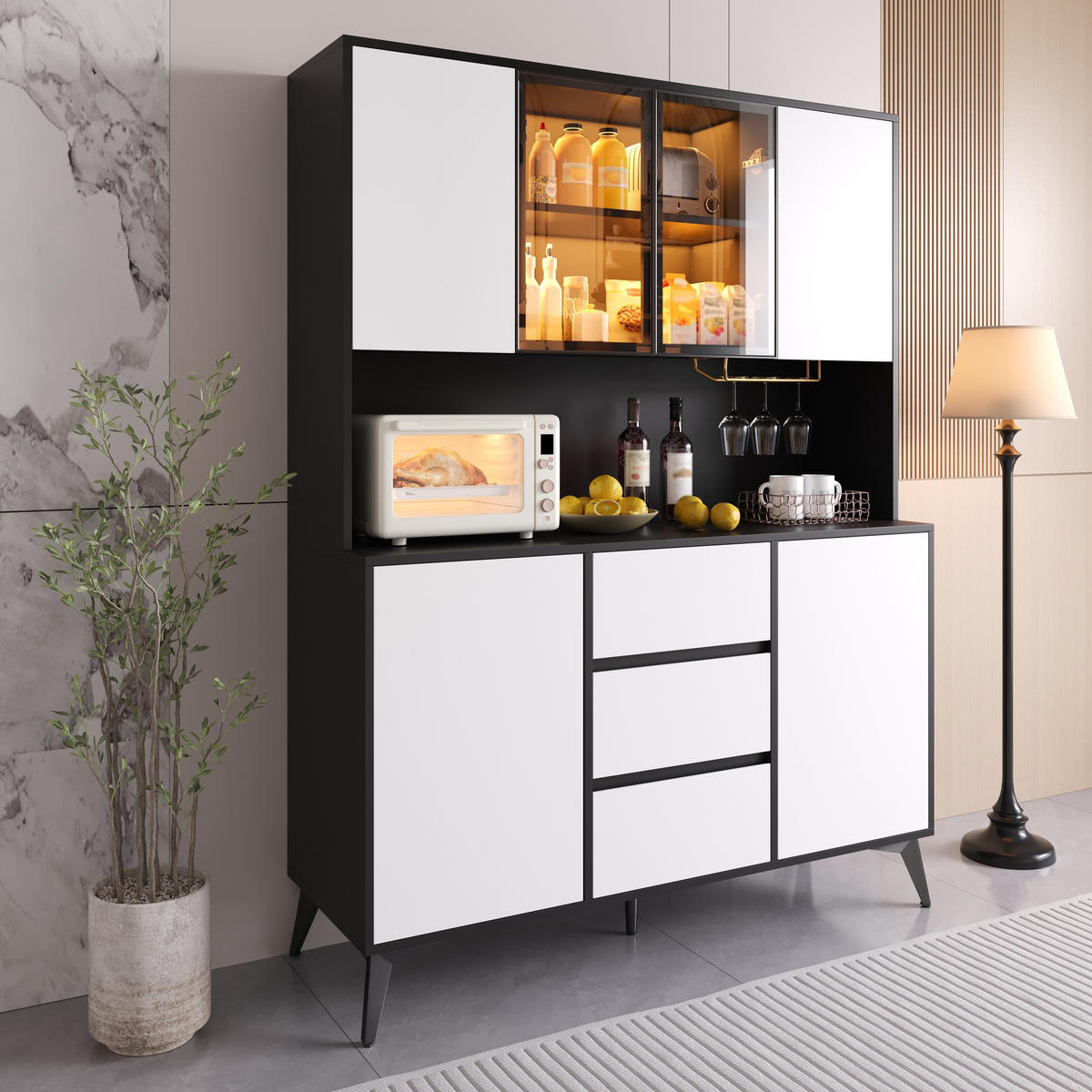 VITRINE LED Hochschrank Schwarz Weiß Glasfront 3 Schubladen - Multicolor, Holzwerkstoff (120/160/40cm) - FLIEKS