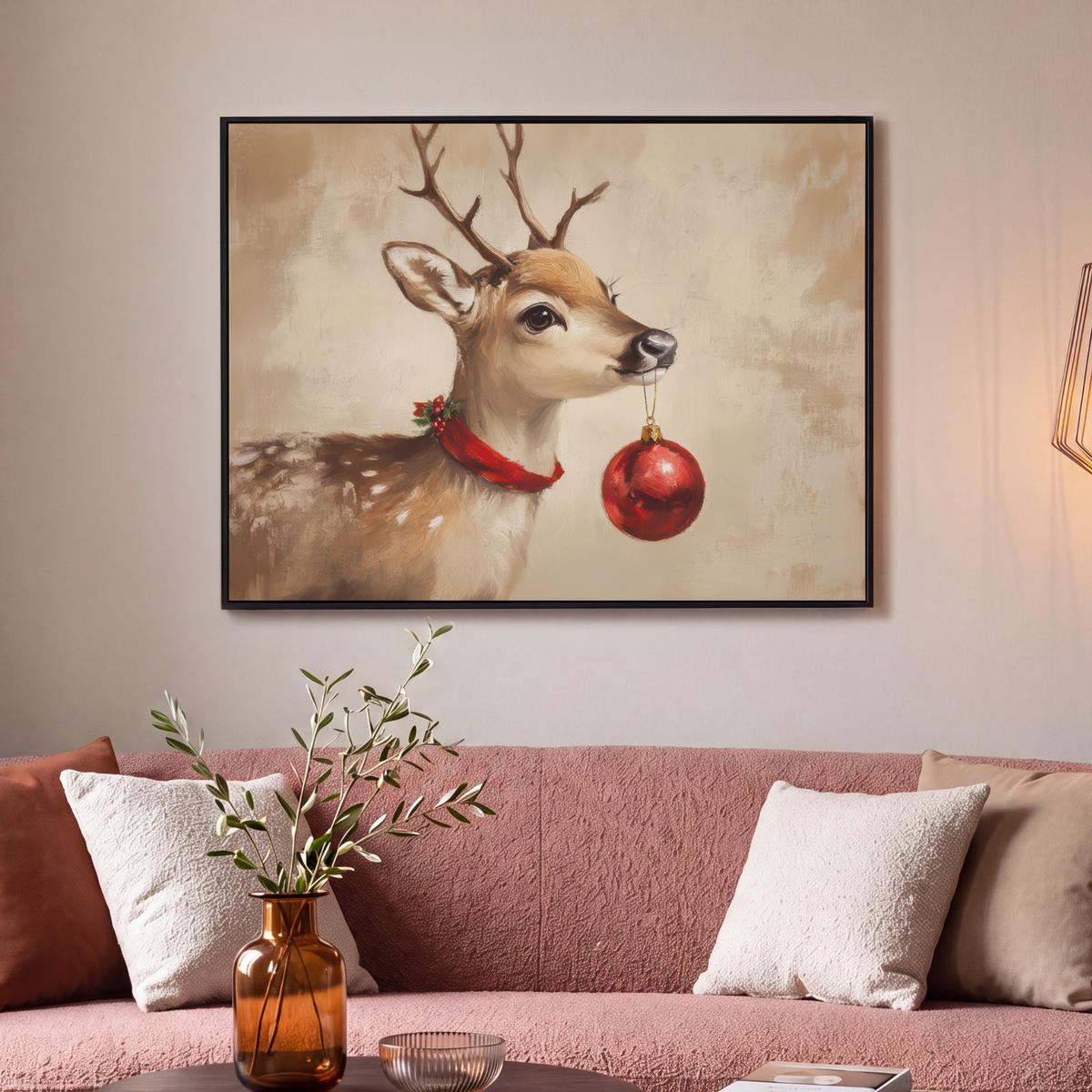 LEINWAND Bilder mit Rahmen - Weihnachten - Hirsch - Geweih - Weihnachtskugel - Rentier - 100x70 - Hellbraun, Textil (100/70cm) - MuchoWow