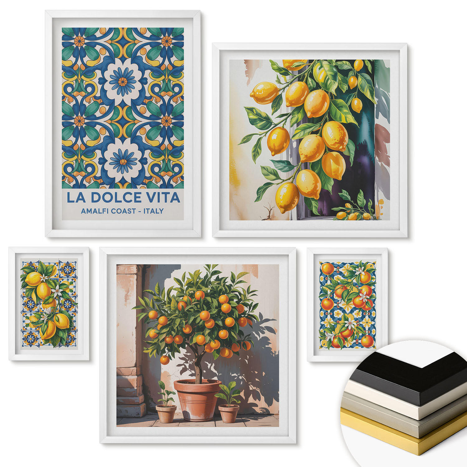 WANDBILDER 5er-Set - 50x50 cm & 20x30 cm & 40x60 cm Weißer Rahmen - Zitronenlimonade blaue Tür - Weiß, Kunststoff (40/60cm) - ArtPrintCave