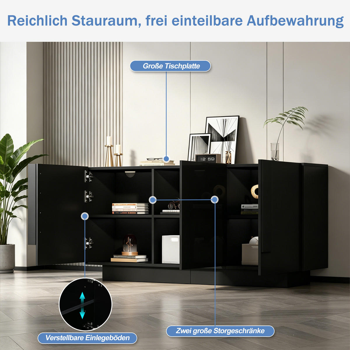 SIDEBOARD Schwarz Hochglanz 3 Türen 160cm 6 Fächer modern - Schwarz, Holzwerkstoff (35/60/160cm) - FLIEKS