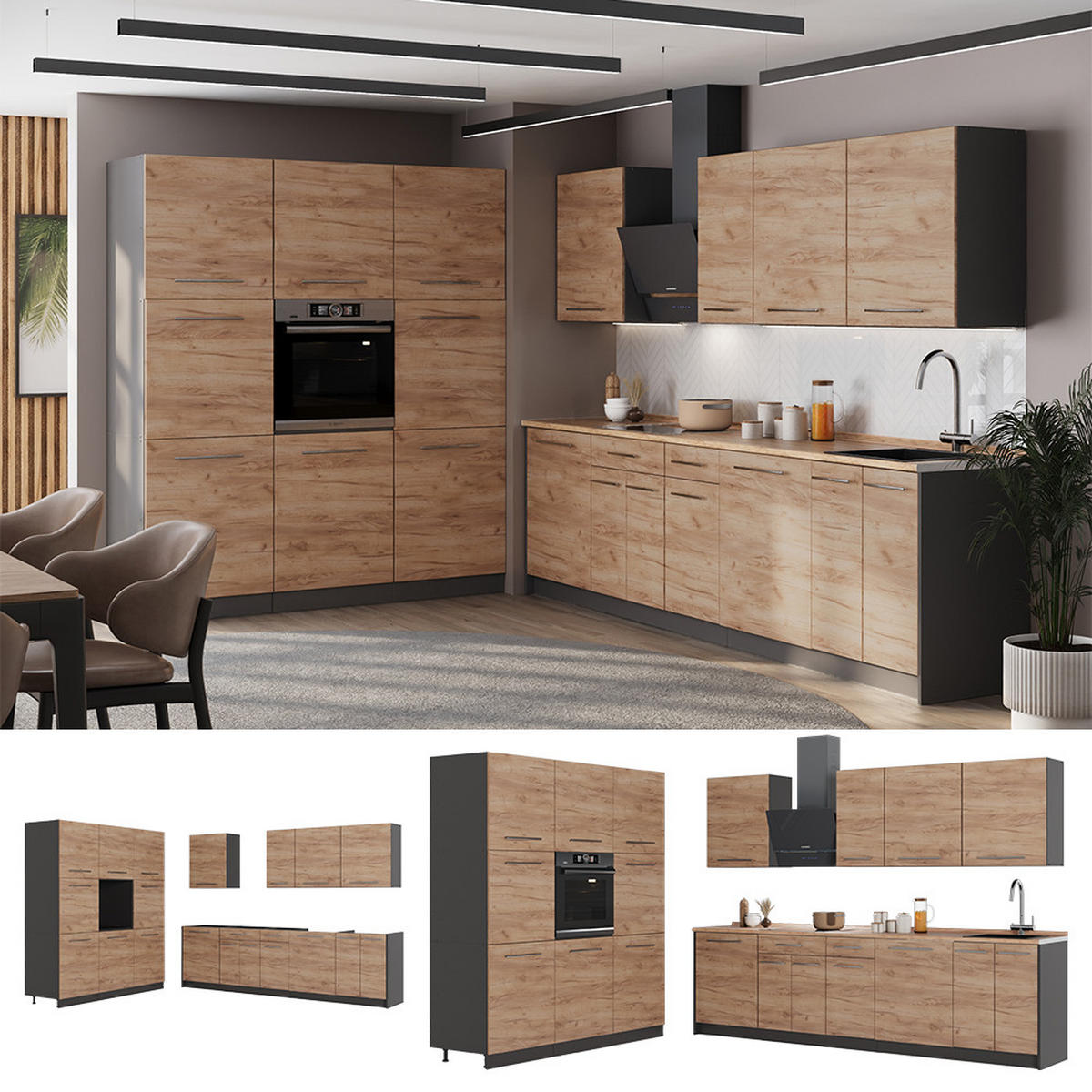 KÜCHENZEILE Fame-Line, Goldkraft Eiche/Anthrazit, 460 cm, AP Anthrazit - Honigeiche/Anthrazit, Holzwerkstoff (460/206.8/60cm) - Vicco