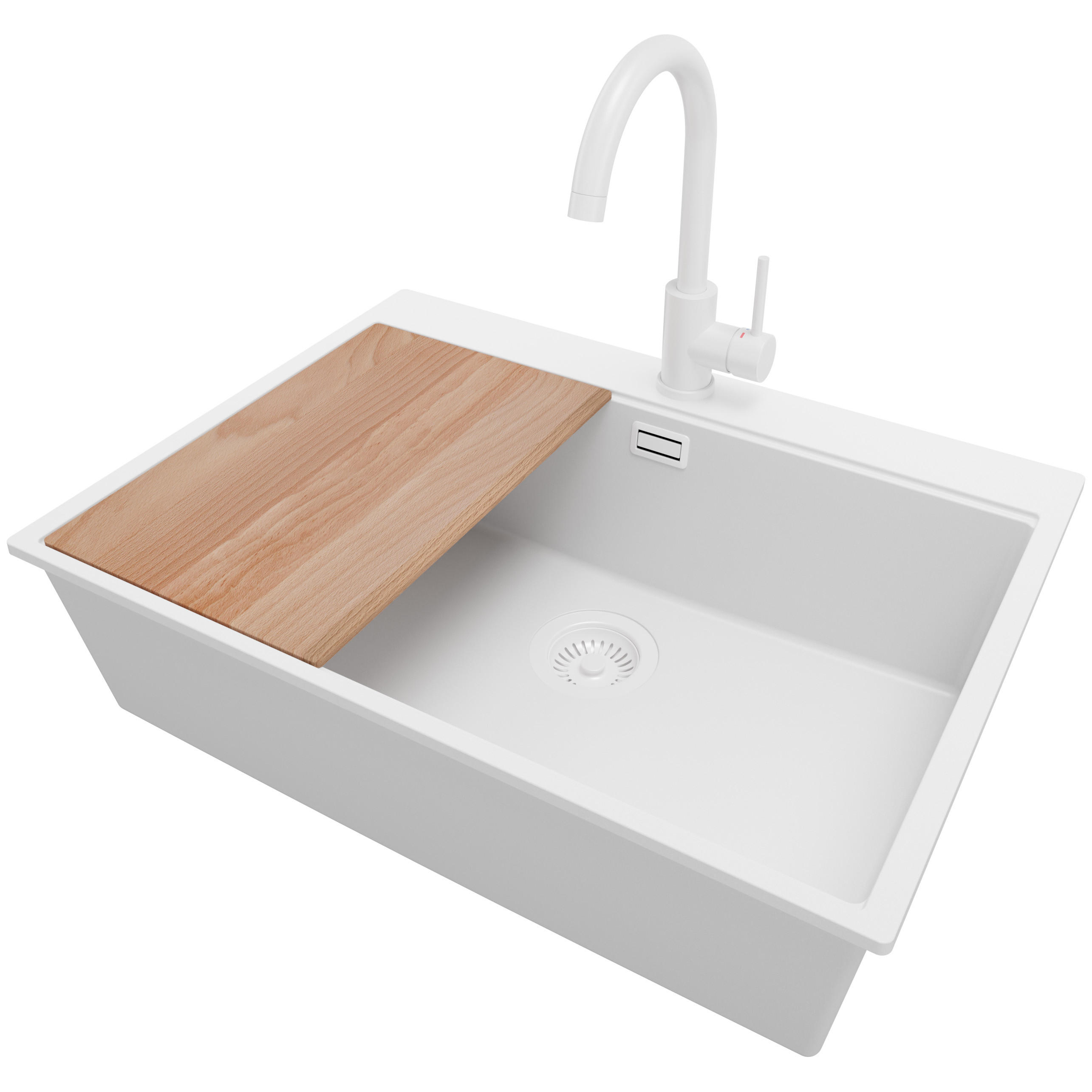 GRANITSPÜLE Oslo, 2-er set Alles Weiß 68/50 cm 1 Becken + Küchenarmatur 32/20 cm + Ablauf-Set + Schneidebrett ab 70er Unterschrank - Beige/Weiß, Kunststoff (68/20/50cm) - Primagran