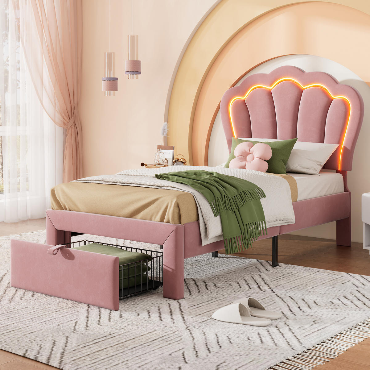 POLSTERBETT mit LED und Schublade 90x190 cm Samt Rosa - Pink, Metall (90/190cm) - Beauniv