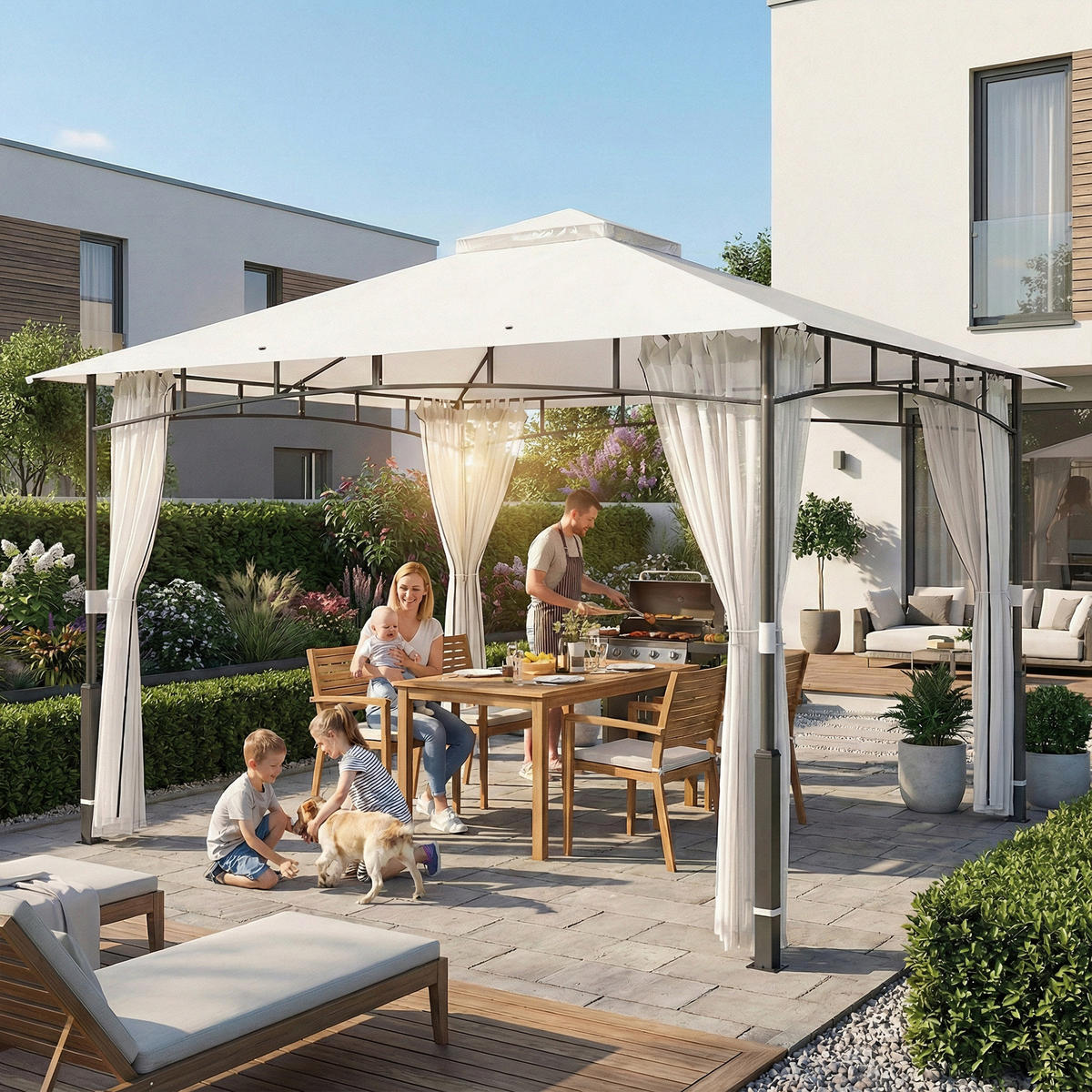 PAVILLON, 3x3,6 m wasserabweisend Stabil Gartenpavillon mit Moskitonetz, Doppeldach, für Garten, Terrasse, Schwarz - Schwarz, Metall (360/275/300cm)
