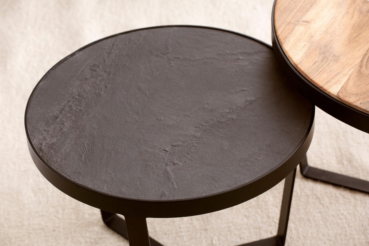 COUCHTISCH Set rund – Akazie Massivholz, Steinoptik, Metallgestell, Braun-Anthrazit - Schwarz, Holz/Metall (60/60/40cm) - KADIMA DESIGN