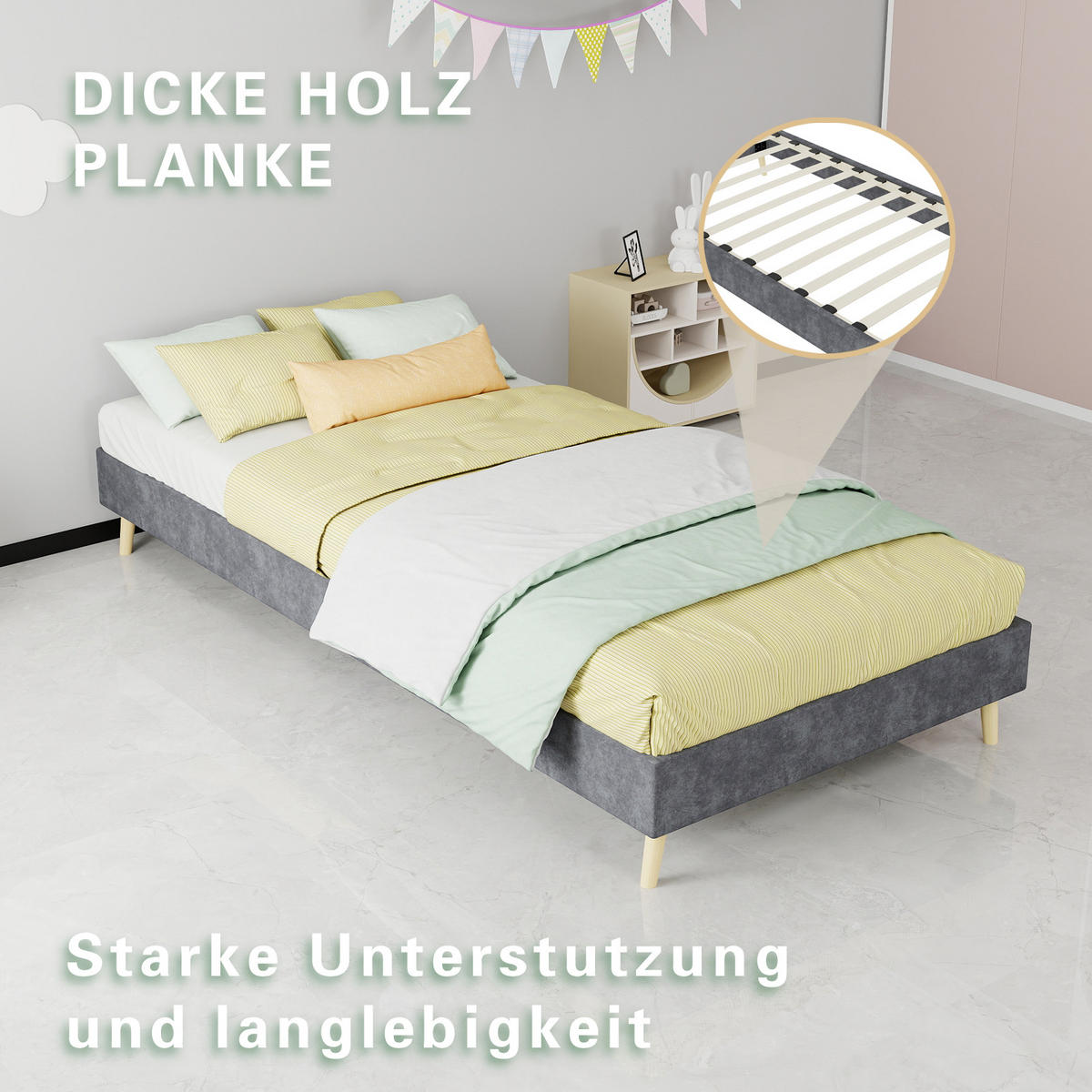 BETT 90/200 cm in Grau Stoff Metallgestell Kopfteilloses Design - Naturfarben/Grau, Holzwerkstoff/Textil (90/200cm) - STILVORA