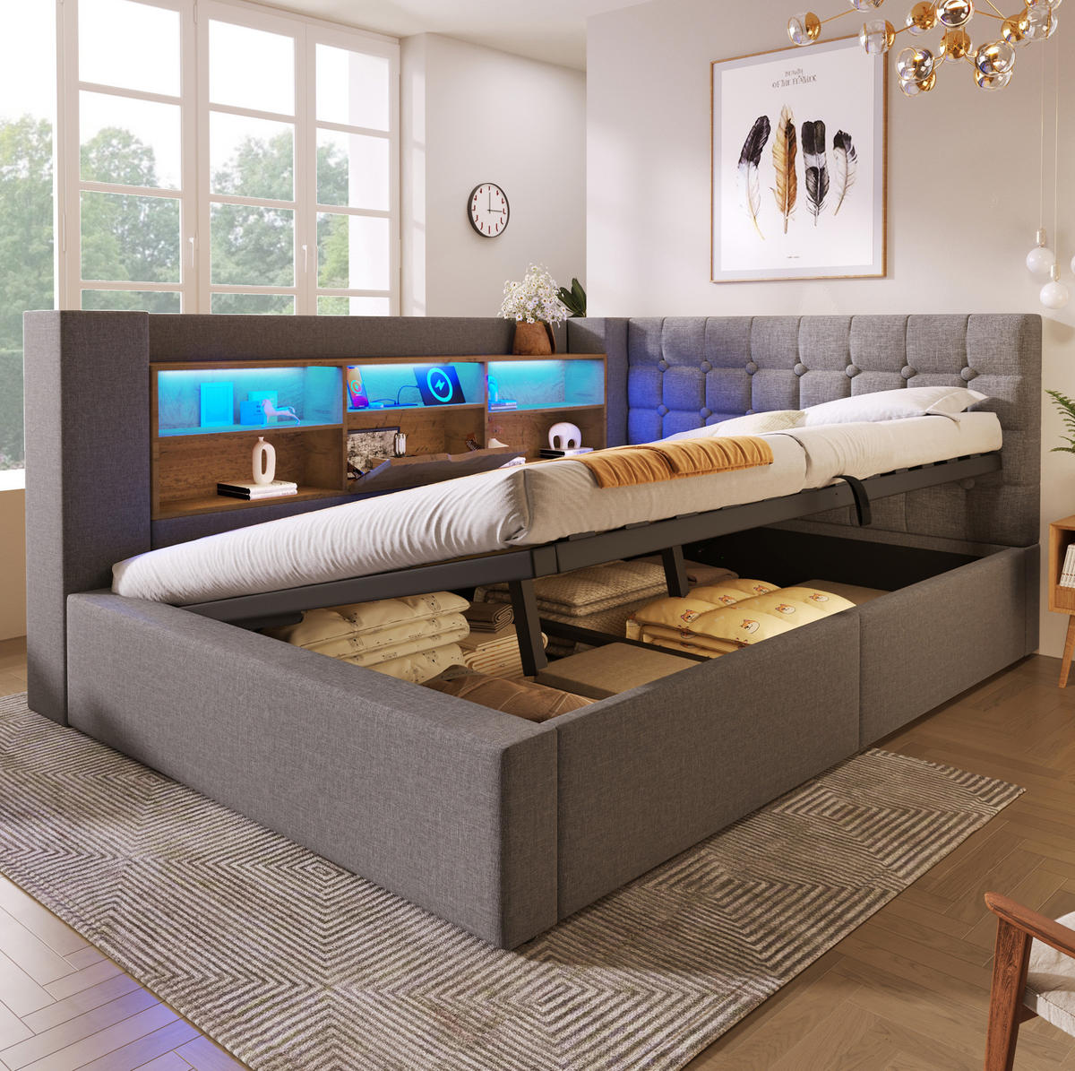 BETT mit LED und Stauraum 140x200 cm Leinen Grau inkl. Matratze - Grau, Metall (140/200cm) - Meubliv