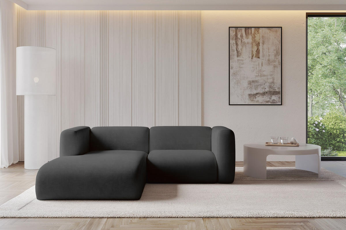 ECKSOFA Ottomane Links MIRA-L1 227x179x89 Schwarz Velours - Anthrazit/Schwarz, Holzwerkstoff/Kunststoff (227/179cm) - ALTDECOR