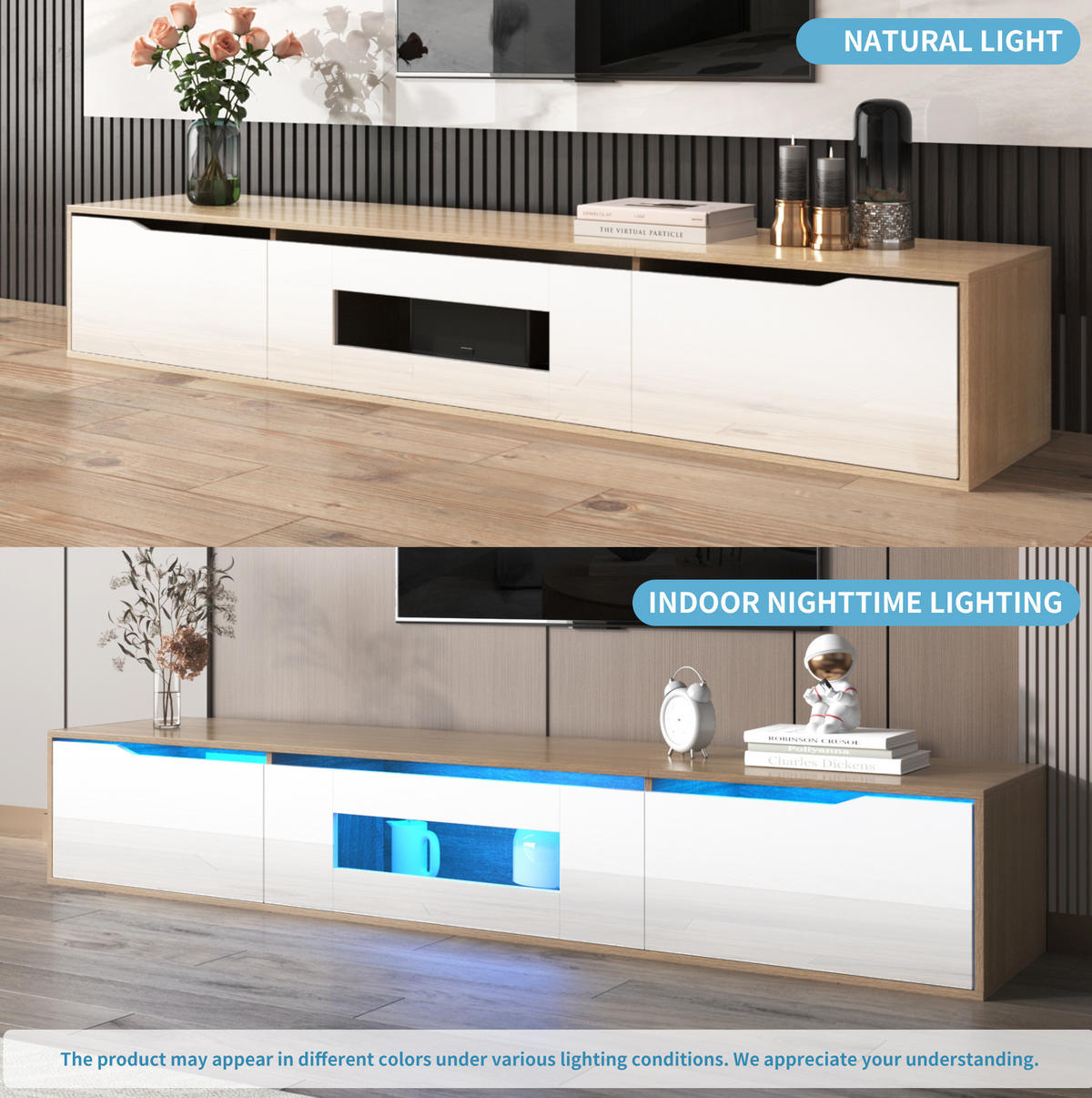 LOWBOARD 180/35/30 cm Weiß/Holzfarbe aus Spanplatte mit LED-Beleuchtung - Weiß, Holzwerkstoff (35/30/180cm) - OKMYHOME