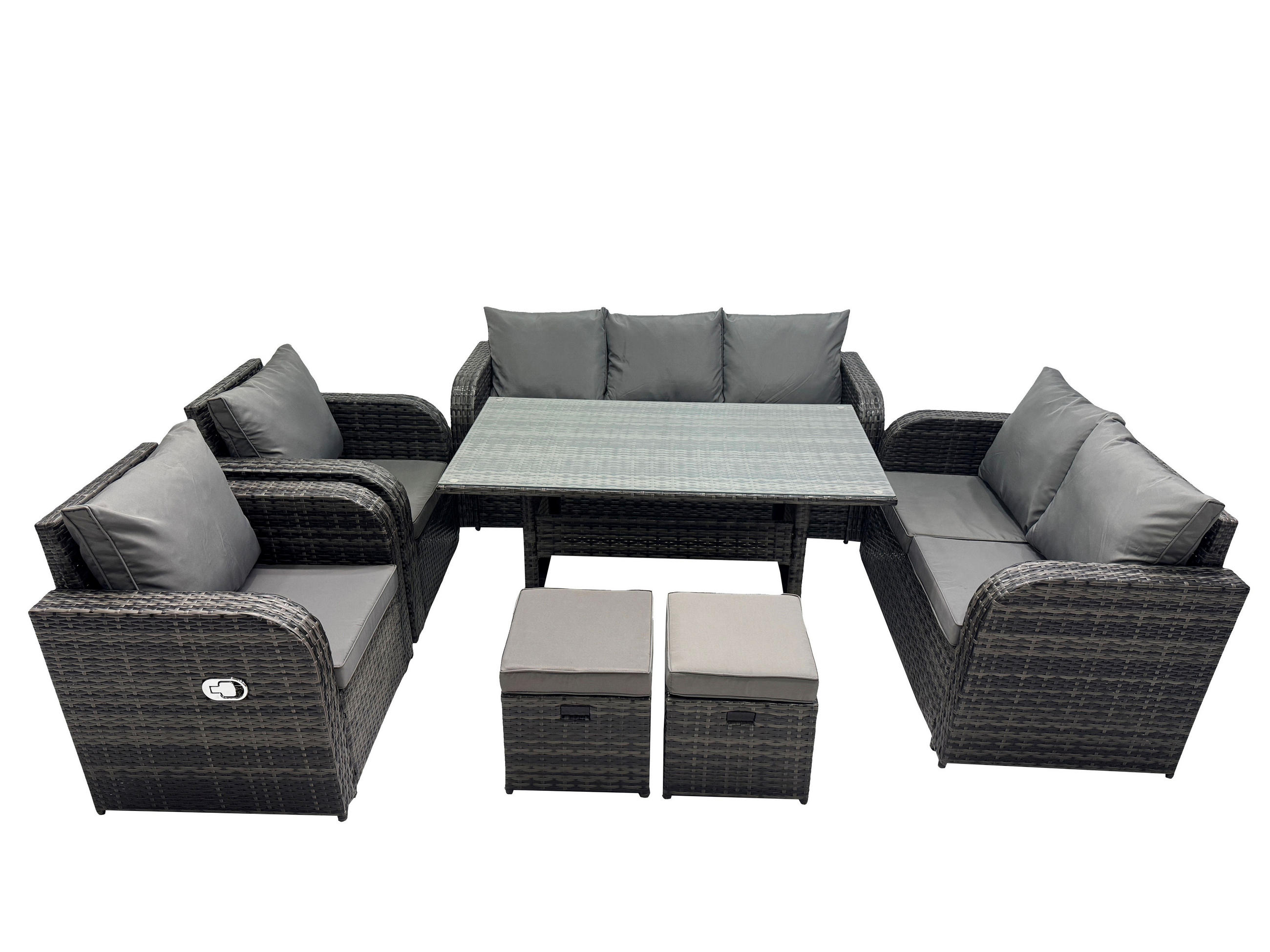 LOUNGEGARNITUR mit Esstisch Polyrattan Dunkelgrau 9-Sitzer - Dunkelgrau/Grau, Glas/Kunststoff - Fimous