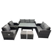 LOUNGEGARNITUR mit Esstisch Polyrattan Dunkelgrau 9-Sitzer - Dunkelgrau/Grau, Glas/Kunststoff - Fimous