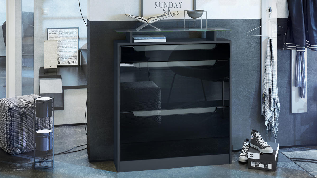 SCHUHSCHRANK Fiesta Fronten in Schwarz Hochglanz, Griffmulden in Grau Hochglanz - Schwarz Hochglanz, Holzwerkstoff (89/104/23cm) - Vladon