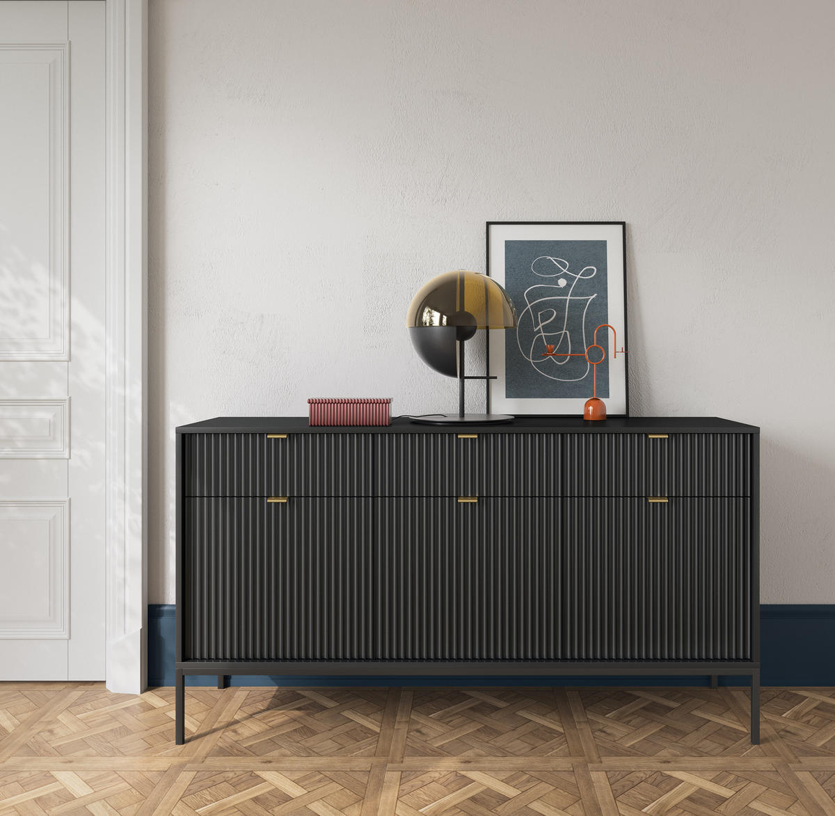 KOMMODE NOVA - KSZ154, Geriffelte Fronten, goldene Griffe 154x39x83 cm Schwarz - Schwarz, Holzwerkstoff/Kunststoff (154/83/39cm) - DomoHome