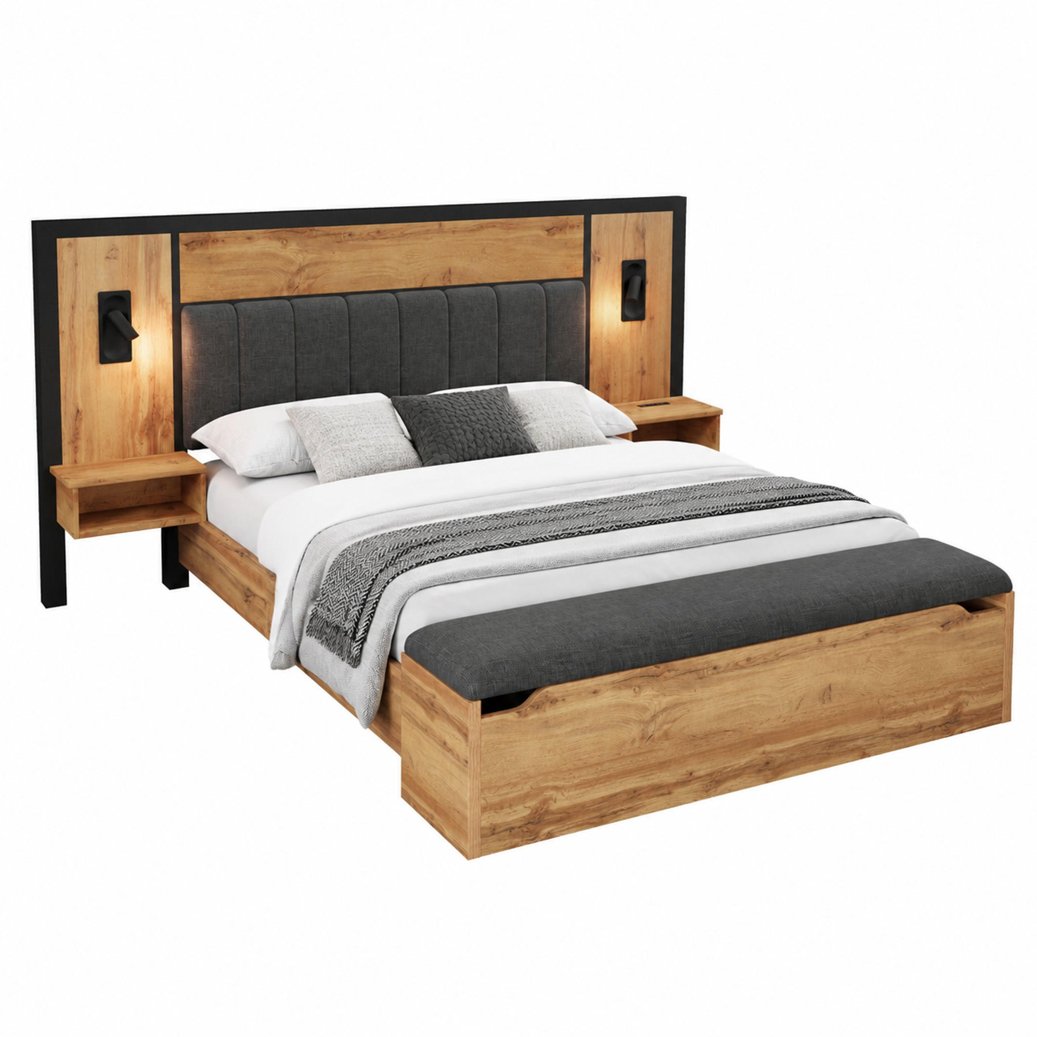 BETTANLAGE mit Leselampen 160x200 cm Eiche mit Matratze - Dunkelbraun, Holz (160/200cm) - Meubliv