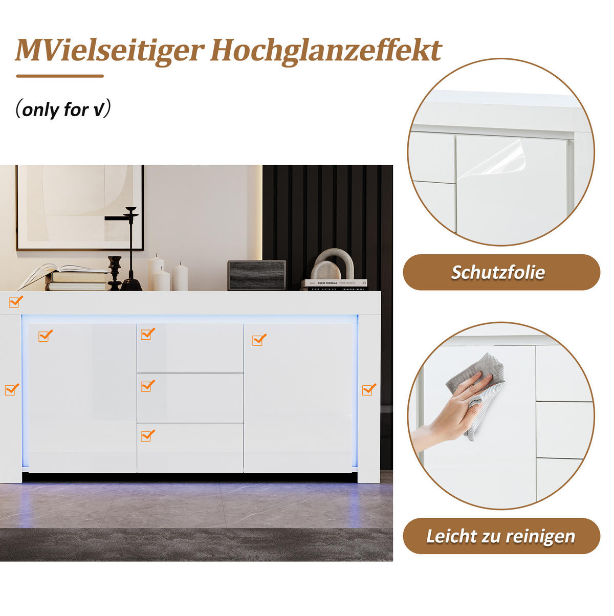 SIDEBOARD aus MDF 140x40x65 cm Weiß mit LED-Beleuchtung, 2 Türen, 3 Schubladen und Hochglanzfront - Weiß, Holzwerkstoff (140/65/40cm) - Modfu