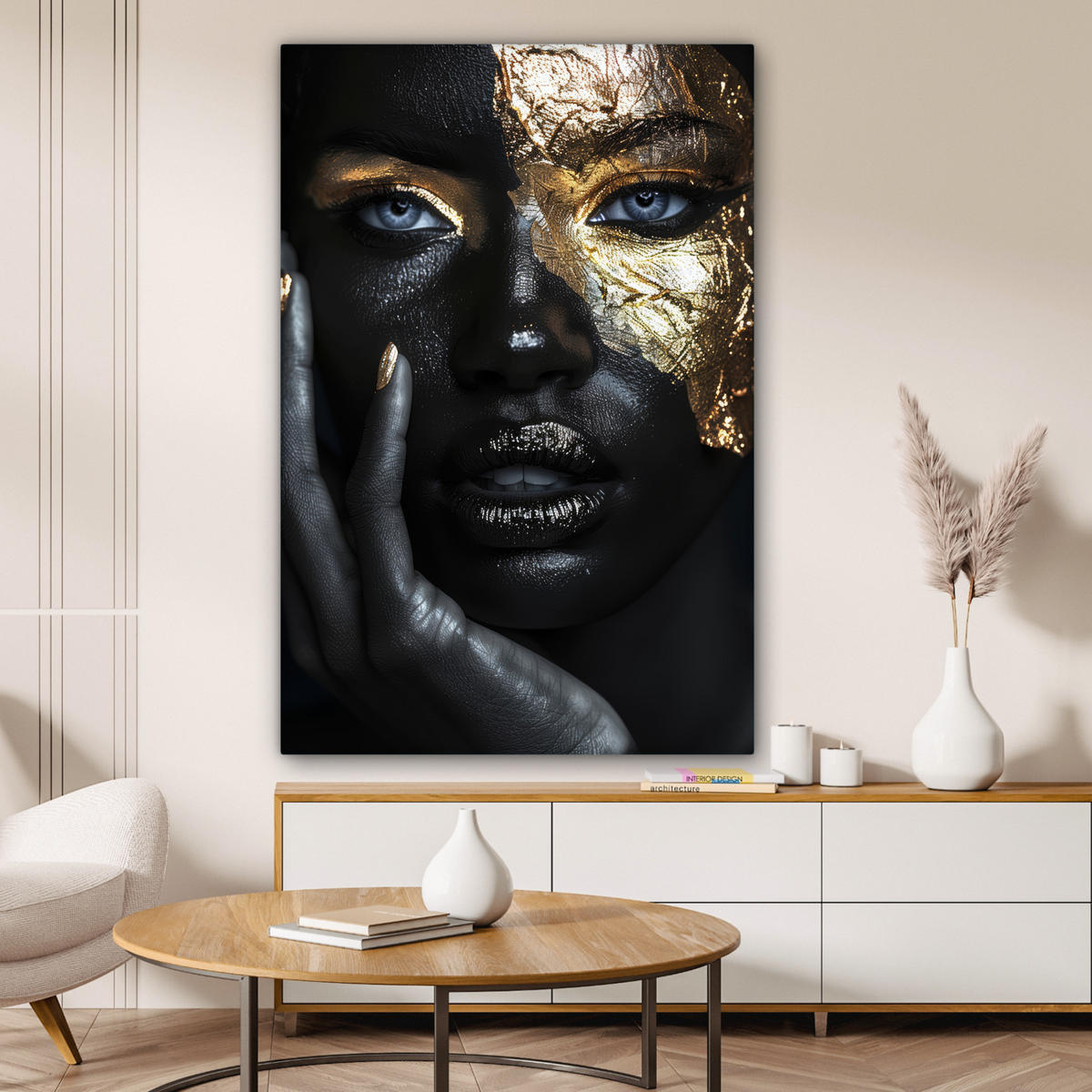 LEINWANDBILD Frau - Gold - Porträt - Schwarz-Weiß - Luxus Deko XXL 80x120 cm - Hellblau, Textil (80/120cm) - MuchoWow