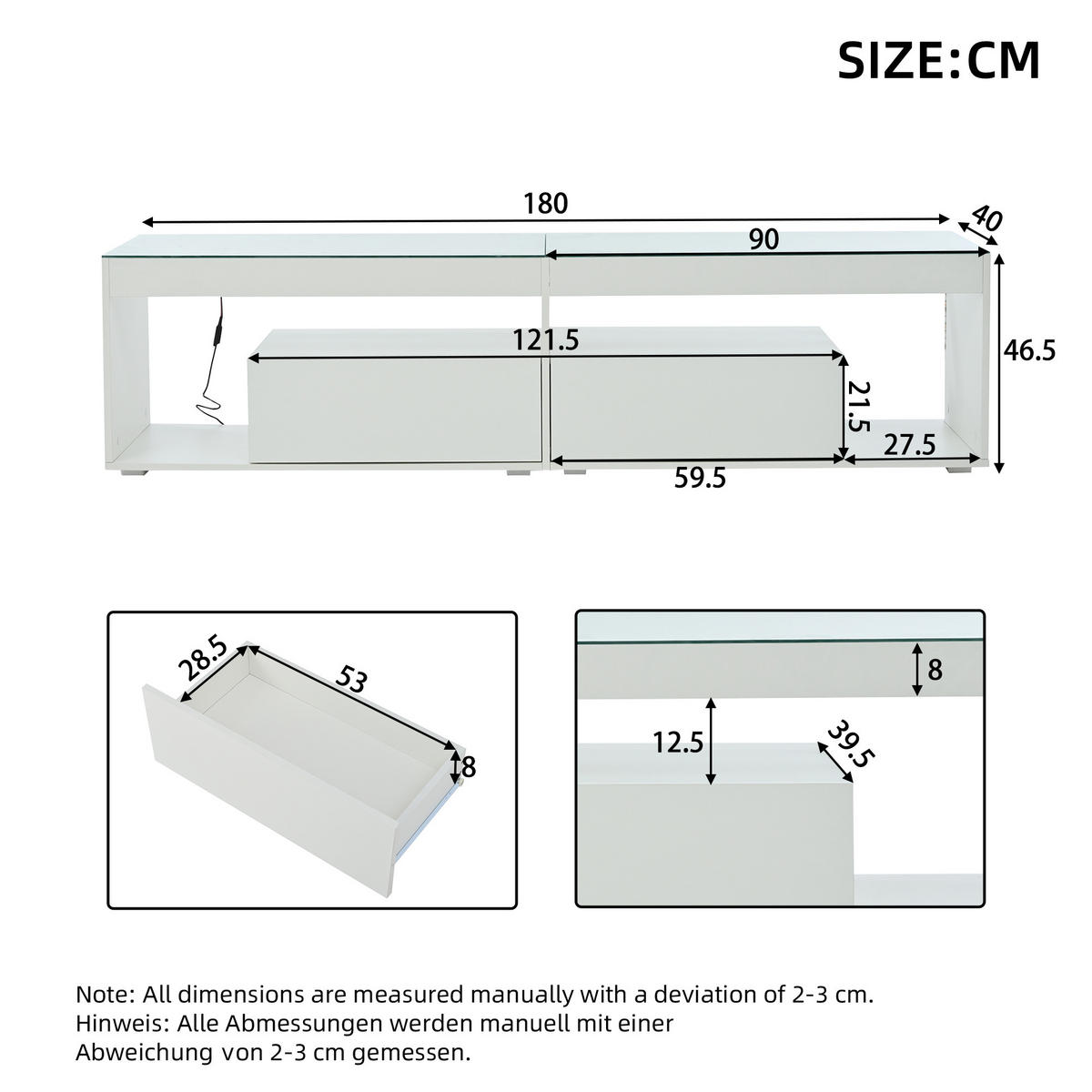 TV-SCHRANK LED Hochglanz 70 Zoll 2 Schubladen Weiß modern - Weiß, Holzwerkstoff (40/46/180cm) - FLIEKS