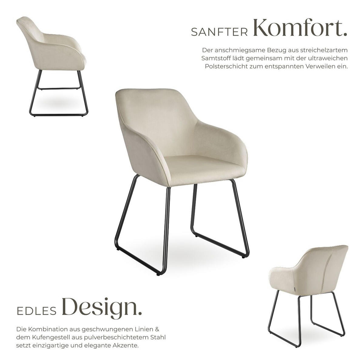 ESSZIMMERSTUHL Jeane,57 x 61 x 85,5 cm, Belastbarkeit 120 kg,Samtoptik creme/schwarz - Schwarz/Samtahornfarben, Kunststoff (57/85.5/61cm) - tectake